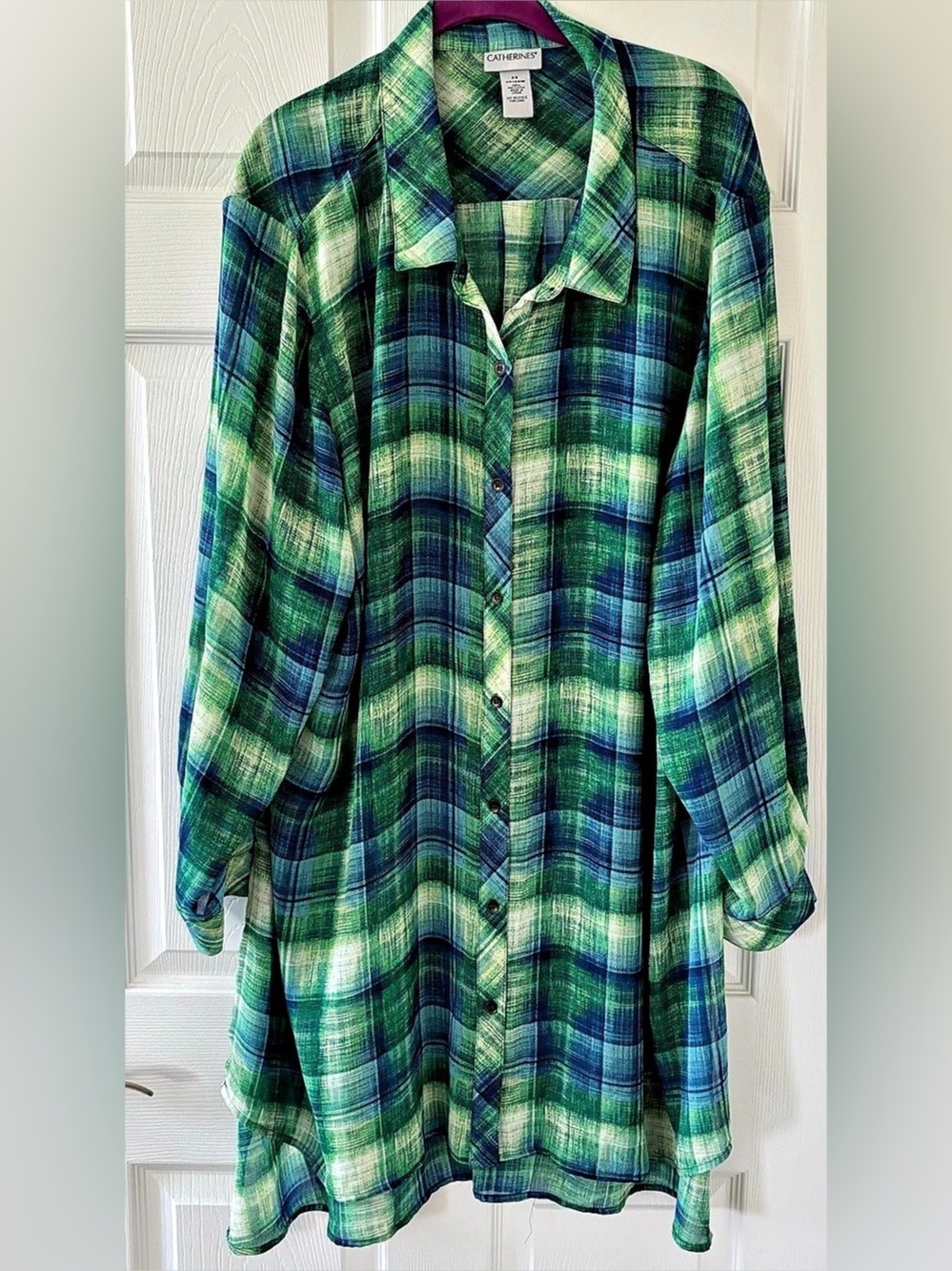 Catherines Plaid Button Down Top in Green & Blue Size 3X